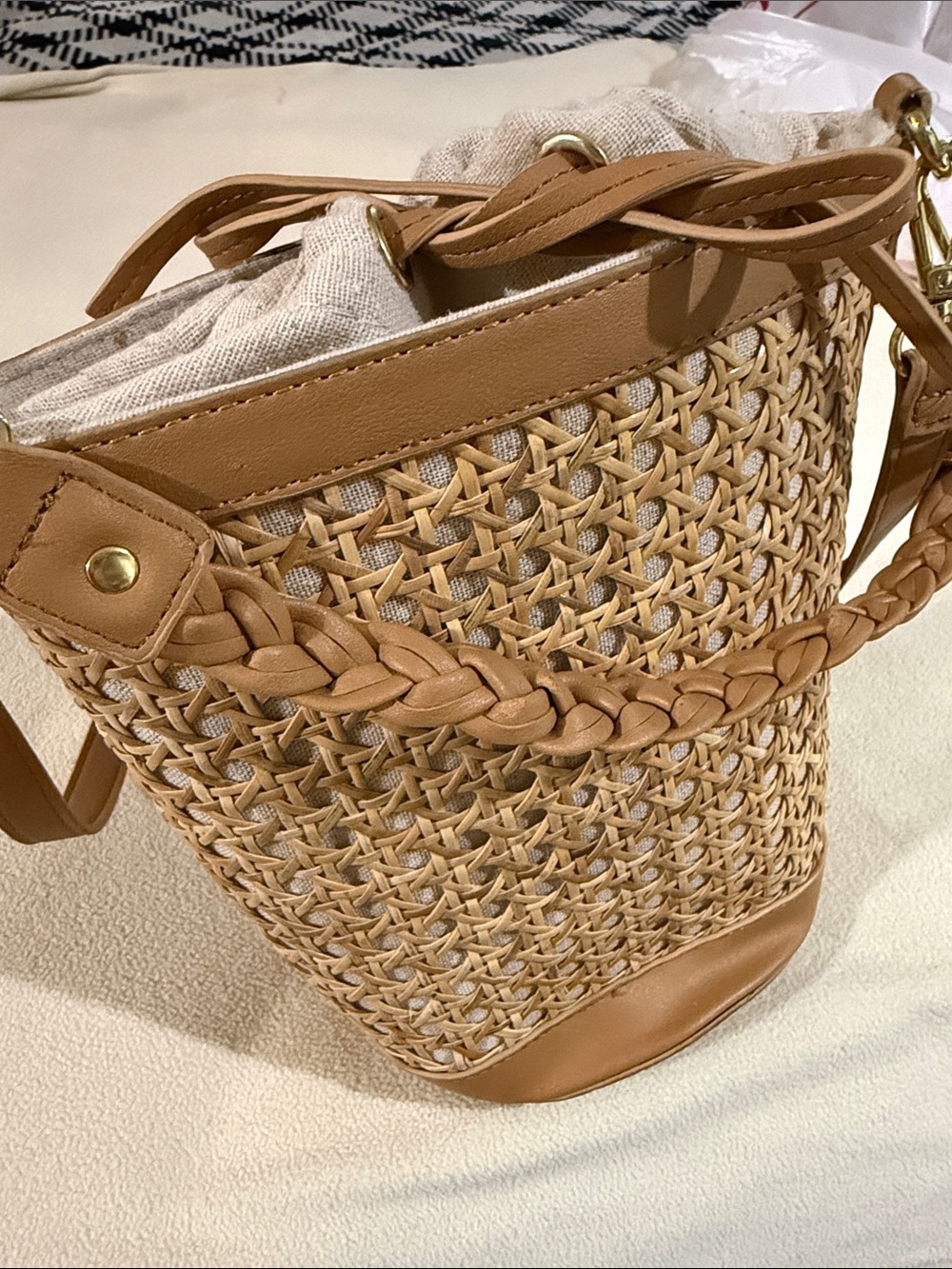 Tommy Bahama Tan & Cream Woven Bucket Crossbody with Braided Trim